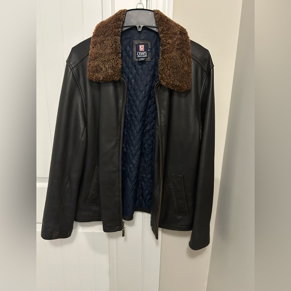 Chaps Men's Dark Leather Jacket with Plush Brown Collar
